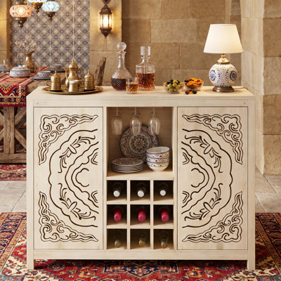 Buffet de bar à vin en bois naturel avec support à vin et rangement en verre, armoire à 2 portes pour la salle à manger