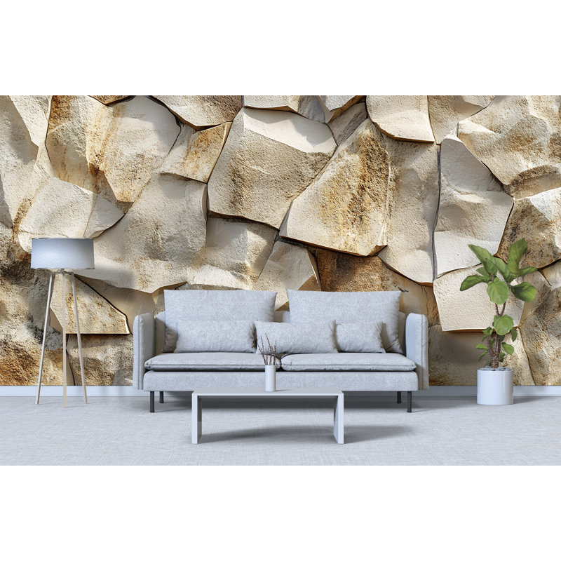 Sandstone Wall Texture Wallpaper – Beige 3D Stone Pattern, Natural Rock Formation, Rustic Earthy Background For Interior Or Exterior Use