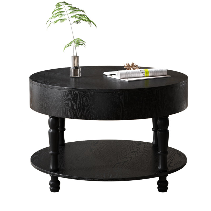 Table basse ronde moderne dans l'espace de vie, 31,5 po de taille, deux couches de rangement, compartiment caché pour les jeux de société, base en forme de H, construction, pièce noire, pieds