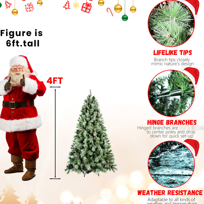 Arbre de Noël 9 pi avec 122 branches de pin, 2518 pointes, branches mixtes et à aiguilles dures, structure à charnières pour une installation facile, support en métal