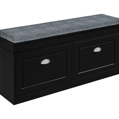 Banc à chaussures noir pour vestibule, avec coussin et 2 tiroirs, tablette réglable 8 paires, conception pratique dans des prises confortables