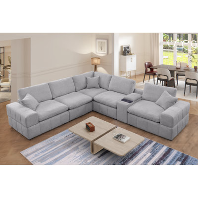 Canapé modulaire rembourré en chenille 6 pièces avec console centrale, chargement et rangement sans fil
