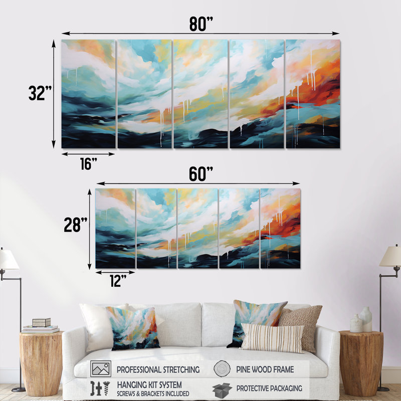 Azur bleu blanc Fusion I - ensemble de 5 peintures murales abstraites, H 28 po x l 60 po