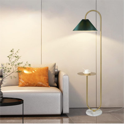 Modern Elegant With Tray Floor Lamp, Foot Switch,Pleated Cloth Lampshade(Brass+Dark Green Lampshade)
