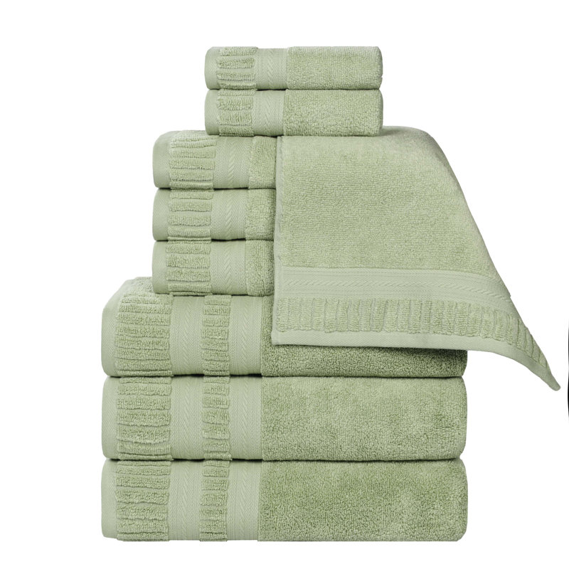 Venice Zero Twist Cotton Medium Weight Soft Absorbent Towel Set, Green, 9 Piece Towel Set