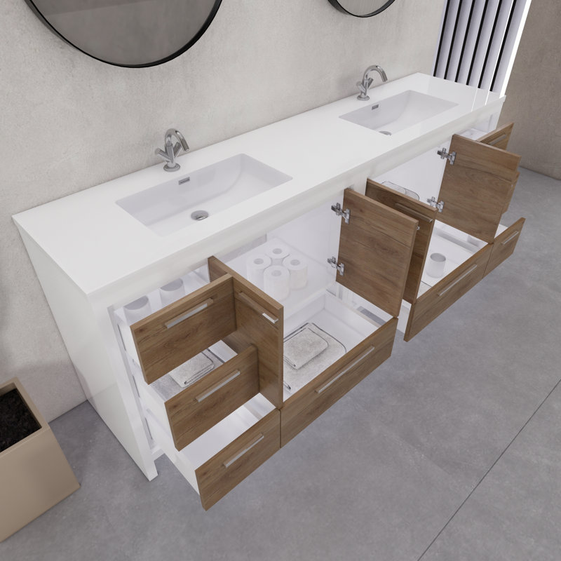 Ensemble de meuble-lavabo double 84 po 84 po, Blanc brillant / teck