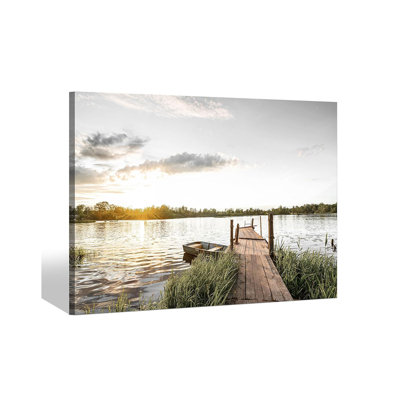 Canvas Wall Art: Boat Picture Nature Landscape Prints Lakeside Reed Painting Dock Scene Artwork For Bedroom Living Room Home Office