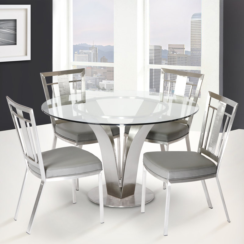 Table de salle à manger de 48 po de large Cantu en acier inoxydable avec verre