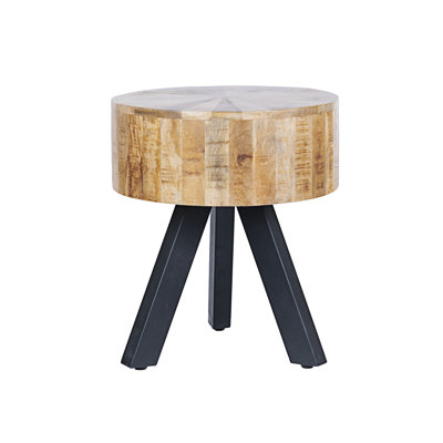 Vintage-Inspired 18" Round Side Table - Handcrafted Mango Wood with Metal Legs