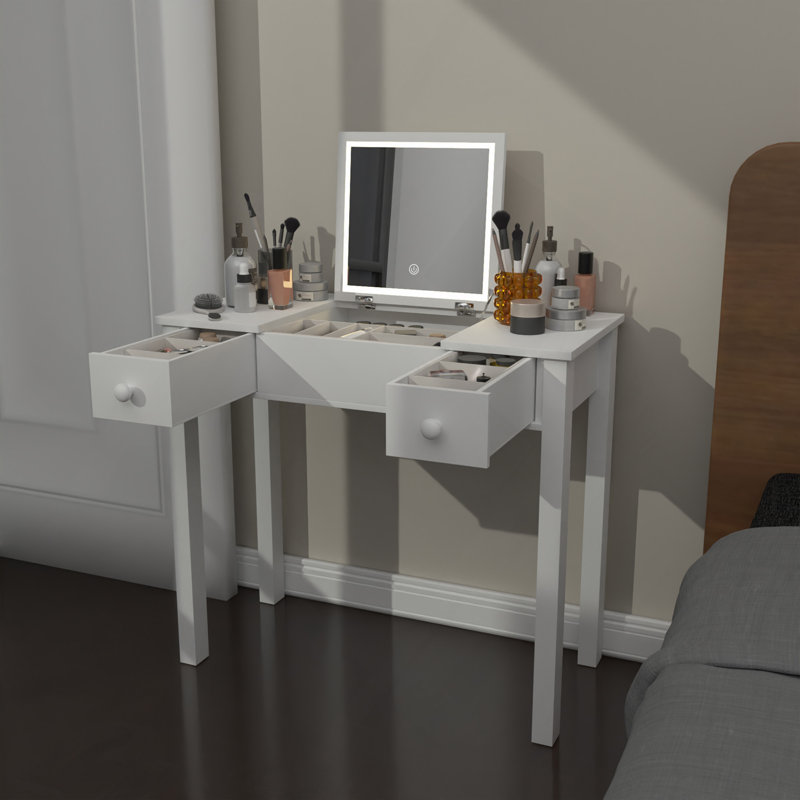 Bureau de coiffeuse multifonctionnel avec éclairage réglable à 3 niveaux avec miroir rabattable et rangement Table de maquillage profonde 15,75 po 2 tiroirs et 3 boîtes de rangement amovibles Bureau de bureau compact blanc