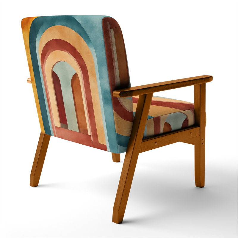 Chaise rembourrée à motif géométrique abstrait, Accoudoirs carrés bruns