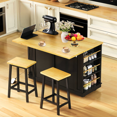 Grand îlot de cuisine 48 pouces avec 2 tabourets de bar, prise de courant, support de rangement interne pour porte, chariot de rangement pour cuisine, salle à manger, blanc