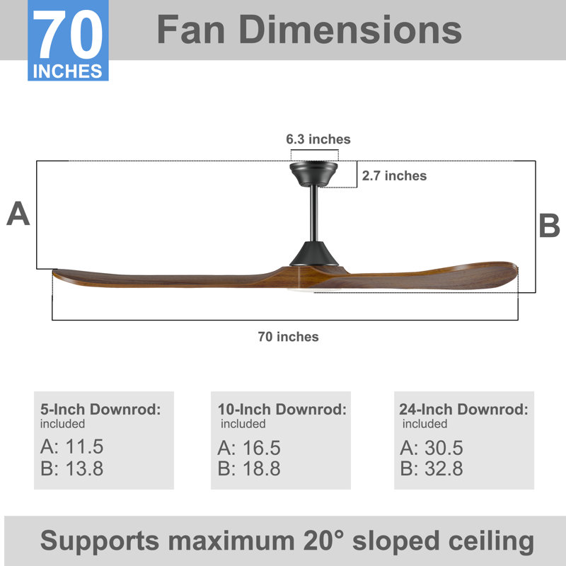 3-Blade Indoor Smart Ceiling Fan with Light and Remote/APP Control,3 LED Colors,6 Speed Quite DC Motor,Timer, 70" Wide