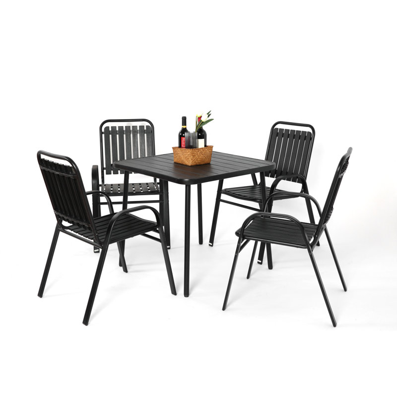 Ensemble 5 pièces de chaises d'extérieur en plastique et table en acier, chaises et table en plastique pour patio, Noir