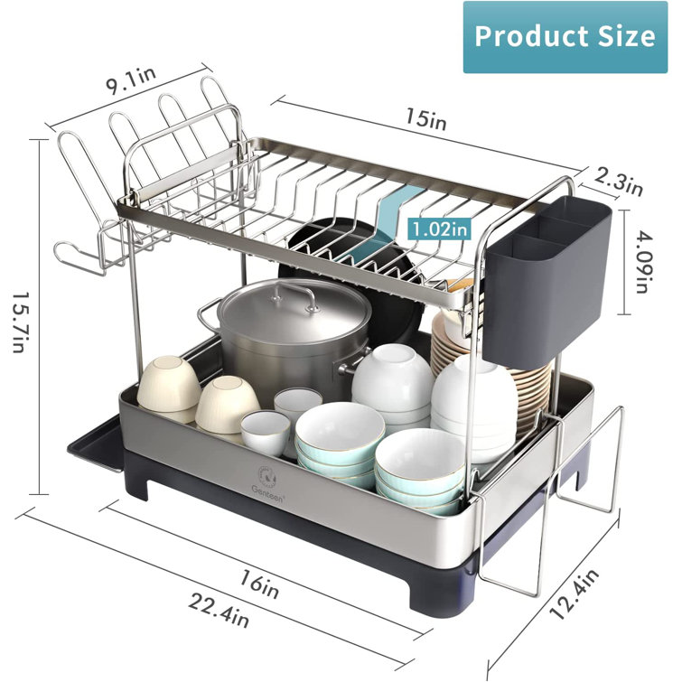  Genteen Dish Drying Rack, Stainless Steel Dish Rack with  Drainboard and Rotatable Spout, Dish Drainers for Kitchen Counter with  Utensil, Glass Holder - Gray