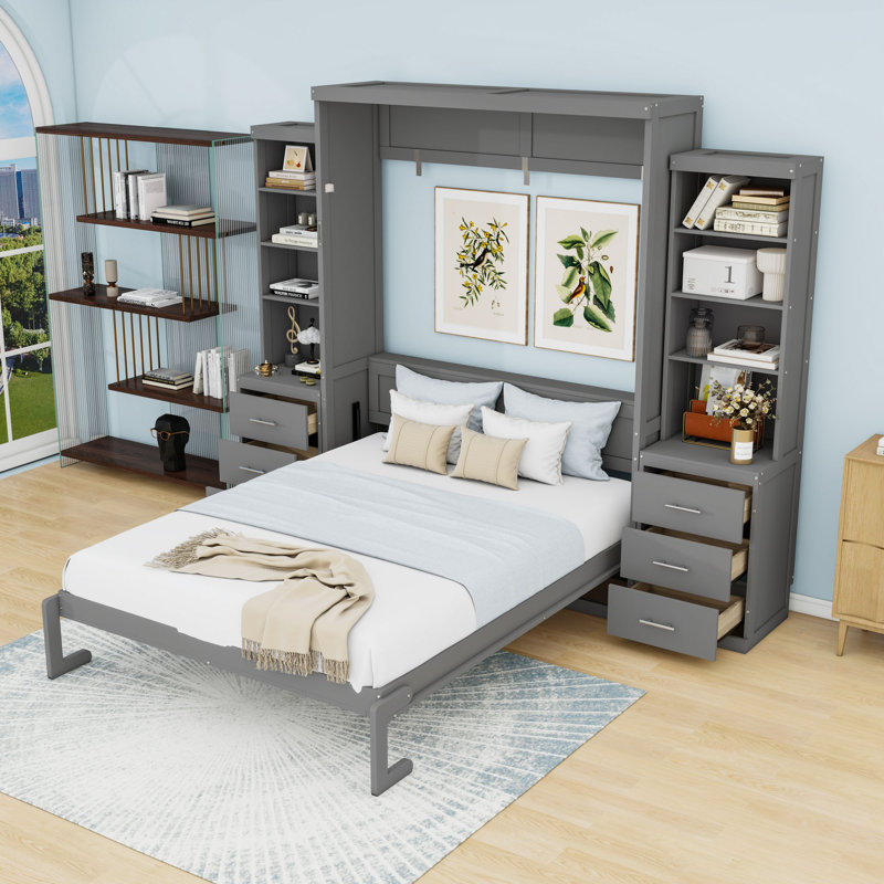 Lit escamotable avec tablettes de rangement et tiroirs Murphy, Gray, Queen