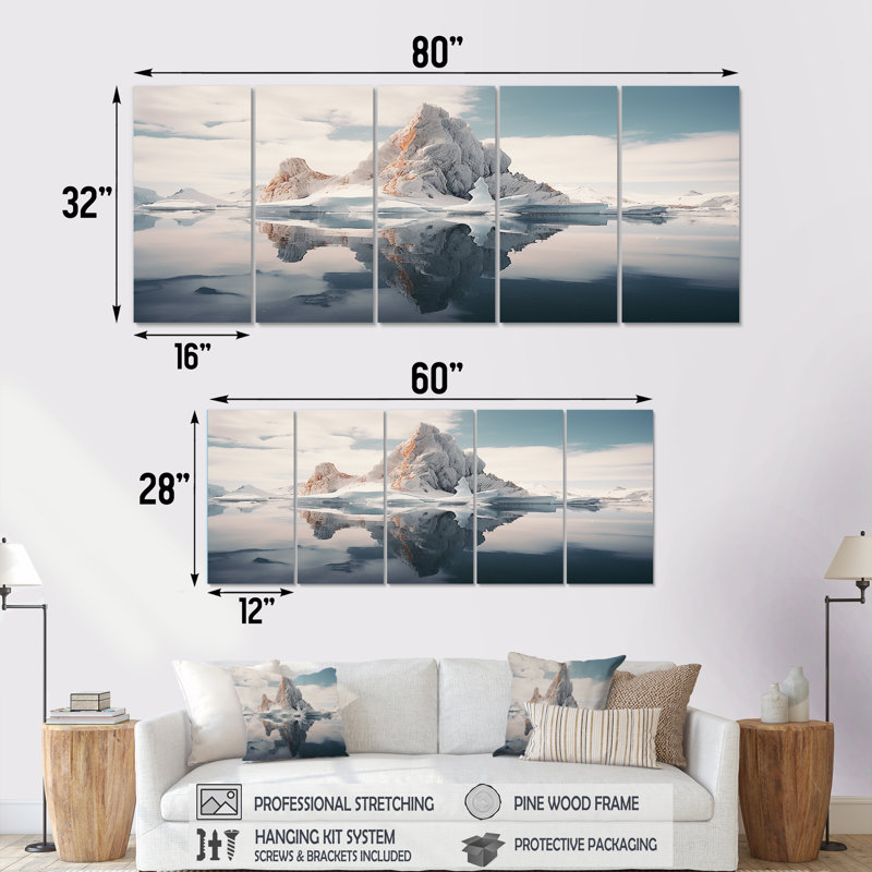 Ensemble 5 pièces d'art mural majestueux Iceberg, H 32 po x l 80 po