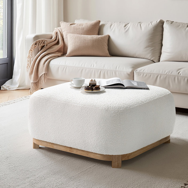 Aleida Modern 40" Round Chenille Cocktail Ottoman with Solid Wood Legs, Ivory