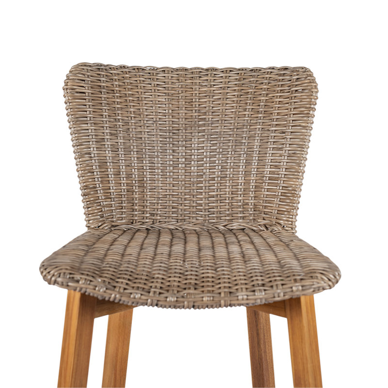 Tabouret de bar d'extérieur Lymington, bois de teck avec osier brun clair, ensemble de 2, Marron clair