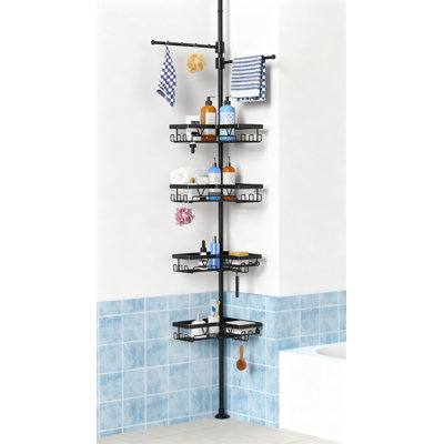 Black Shower Caddy Tension Pole With 2 Towel Bars, Adjustable Corner Organizer, Rustproof, 25-114.2 Inch