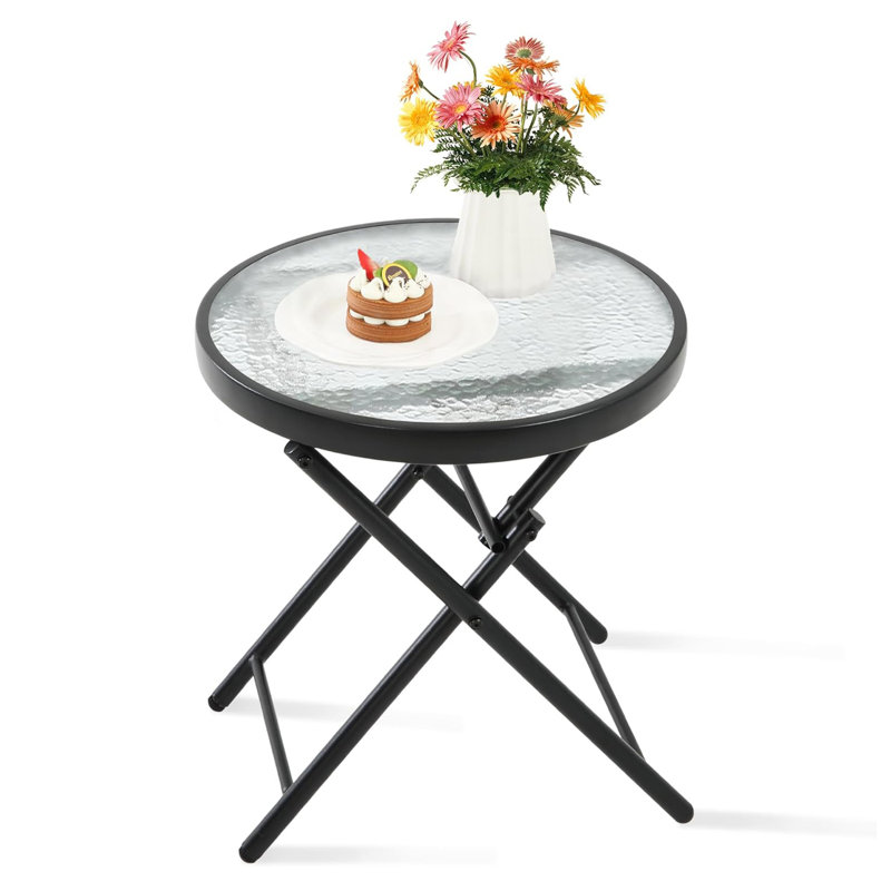 Folding Patio Side Table with Tempered Glass Tabletop