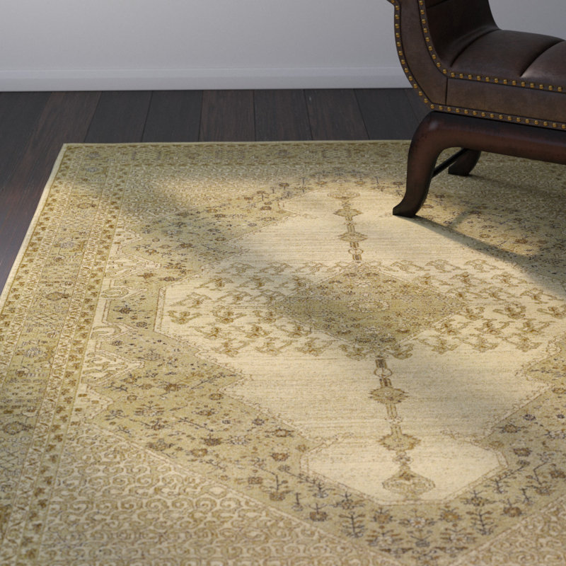 Tapis décoratif en laine beige de style oriental Cleveland, Rectangle 5 pi 3 po x 7 pi 6 po