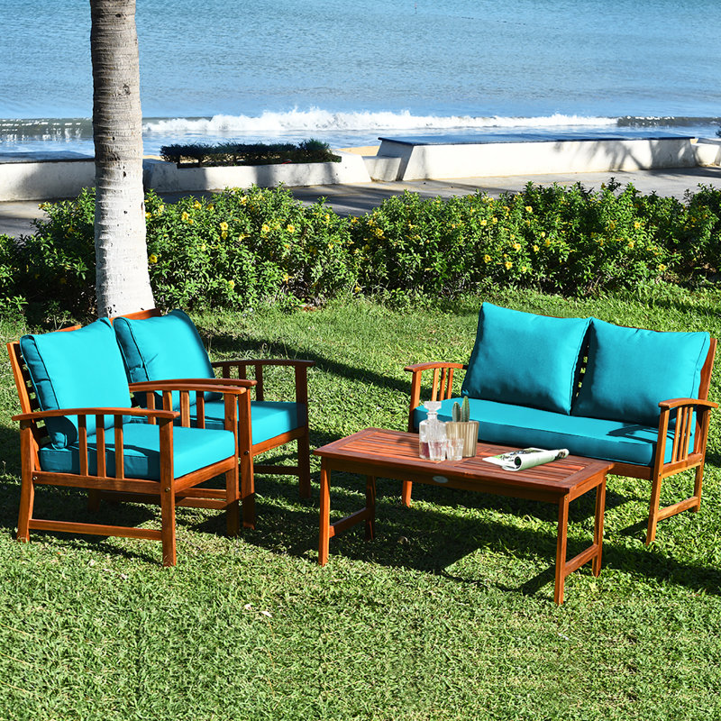 Acacia Wood 4 - Person Patio Conversation Set with Cushions