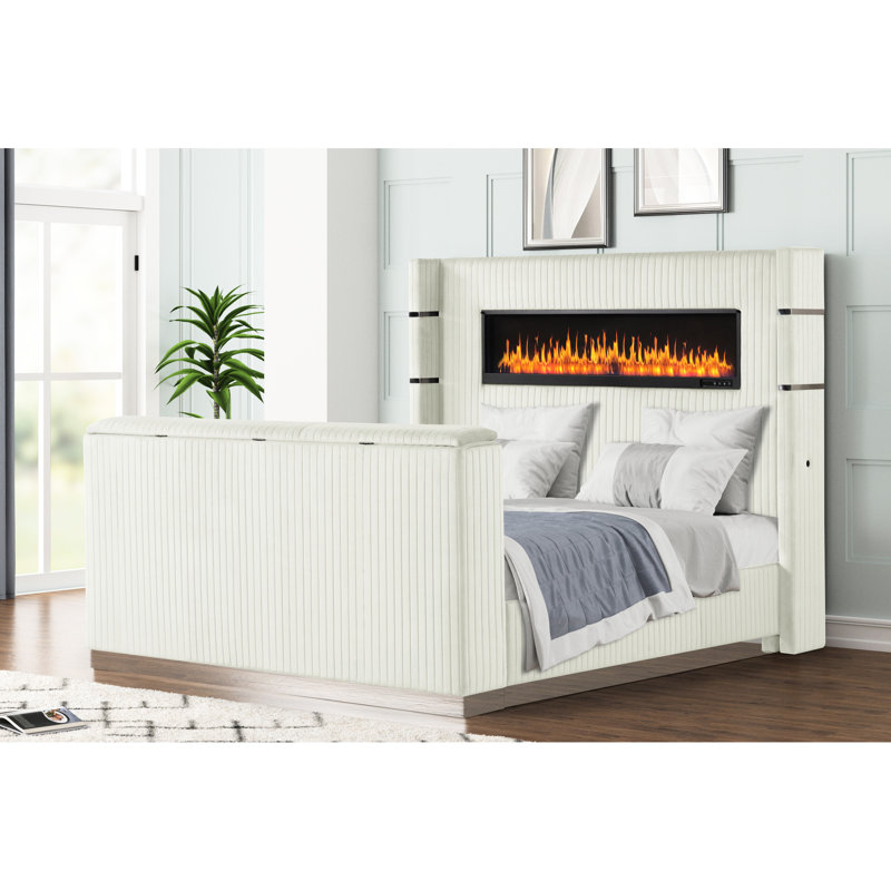 Grand lit moderne avec foyer tête de lit et meuble télé, cadre beige pour chambre à coucher