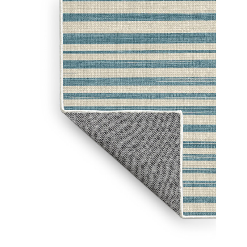Washable Powder Blue White Striped Area Rug, Round 4'
