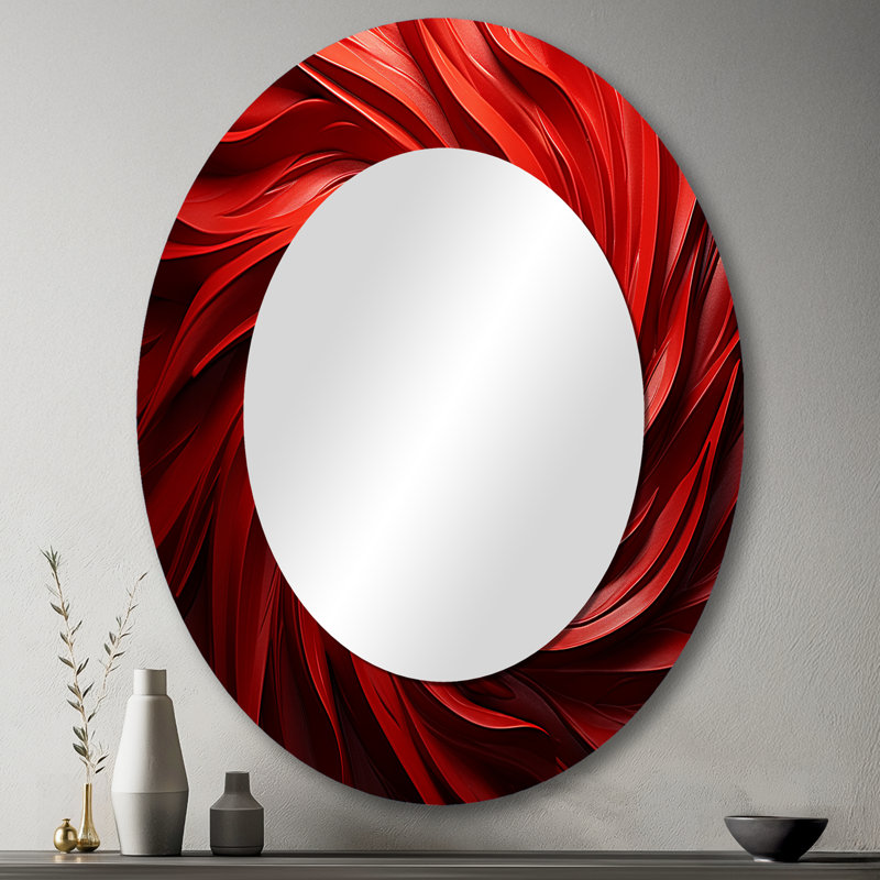 Red Abstract Spiral Dreamscape III - Red Modern Oval Wall Mirror, 43" x 33"