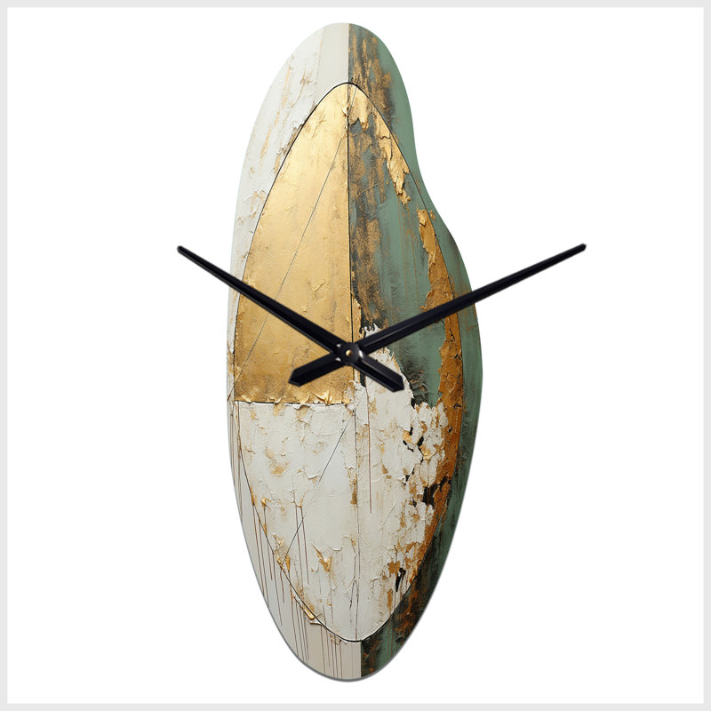Cebreros or et vert peinture fusion I - peinture abstraite horloge murale asymétrique en métal, horloge murale moderne incurvée