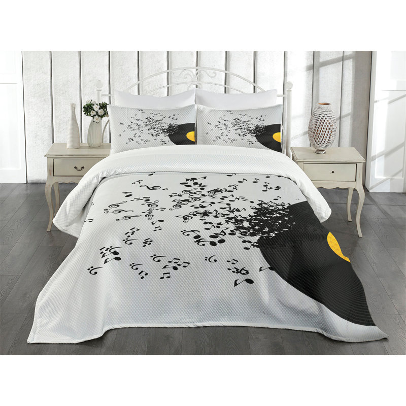 Ambesonne Music Bedspread Flying Notes Album Dance, King Bedspread + 2 Standard Shams