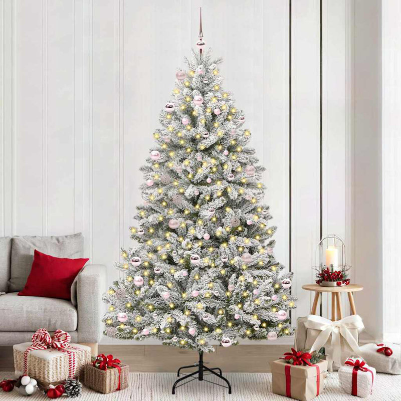 Artificial Christmas Tree Green and White PVC and Metal, Green/White, 270 cm, with Leds & Pink Balls