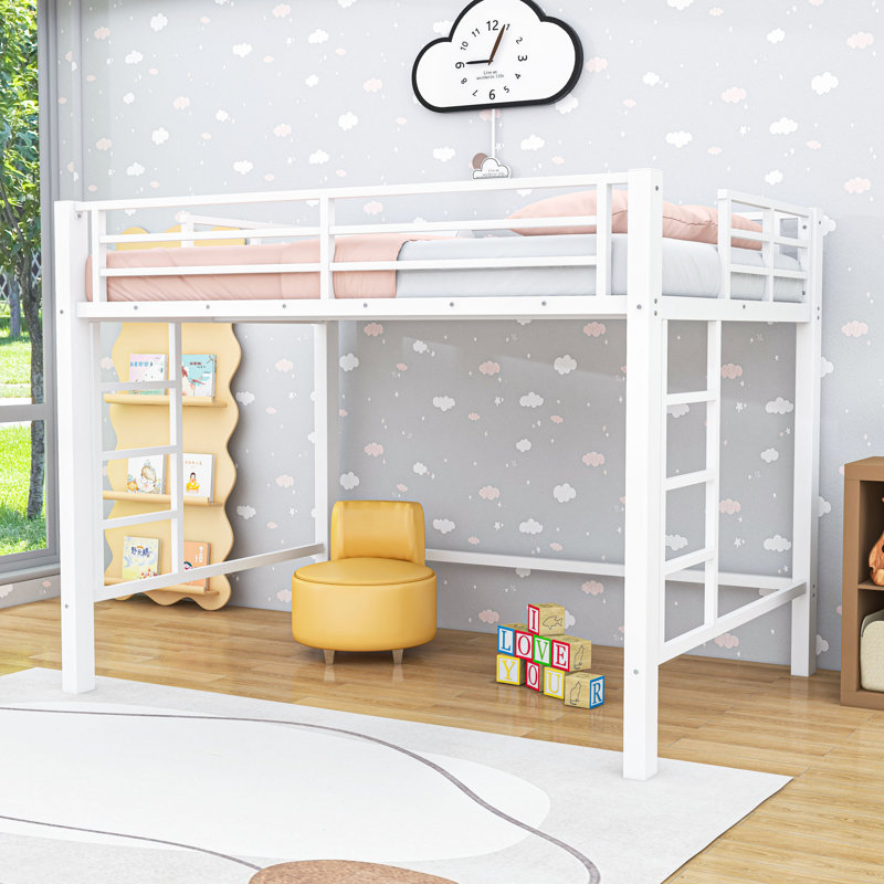 Metal Loft Bed with Guardrails, Ladder and Slats, Queen