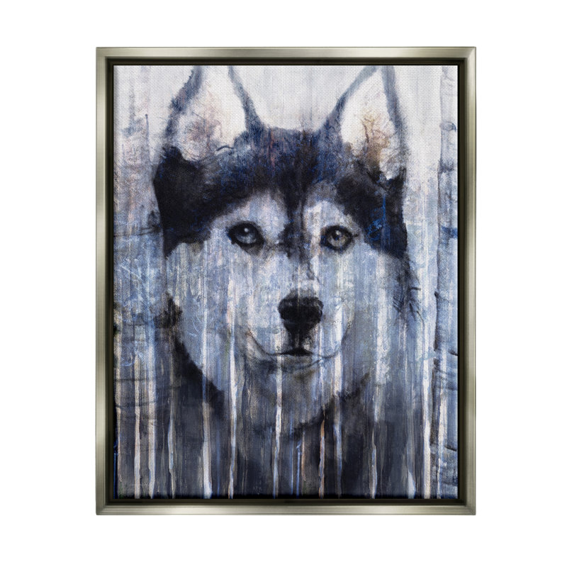 «Sourire Husky Dog» rustique avec bouleau superposé par Kamdon Kreations - cadre flottant, impression