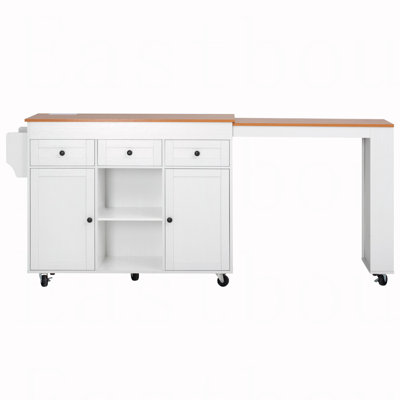 85.5" Kitchen Island with Extendable Dining Table, Kitchen Storage Table with 3 Side Open Shelves, Rolling Kitchen Island with Power Outlet, 3 Drawers