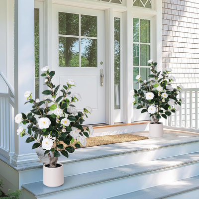 2 pcs packaging artificial camellia tree with white grower - 39 inches high 3.2 feet