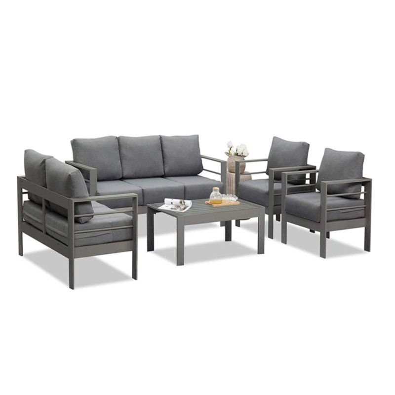 Ensemble de conversation 5 pièces pour patio moderne en aluminium, canapé d'extérieur 7 places avec coussins épais gris foncé et structure grise et table basse