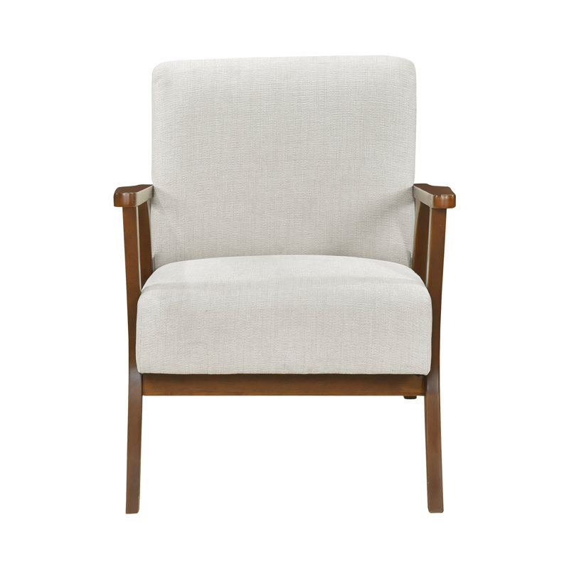 Fauteuil d'appoint contemporain en chenille beige avec structure en bois d'hévéa massif avec finition châtaignier