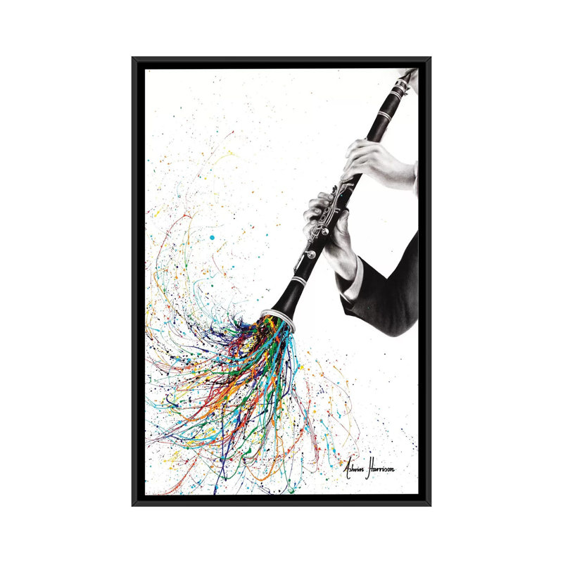 «A Clarinet Tune» par Ashvin Harrison - reproduction, H 26 po x l 40 po x P 1,5 po, Toile avec cadre noir, Aucun mat
