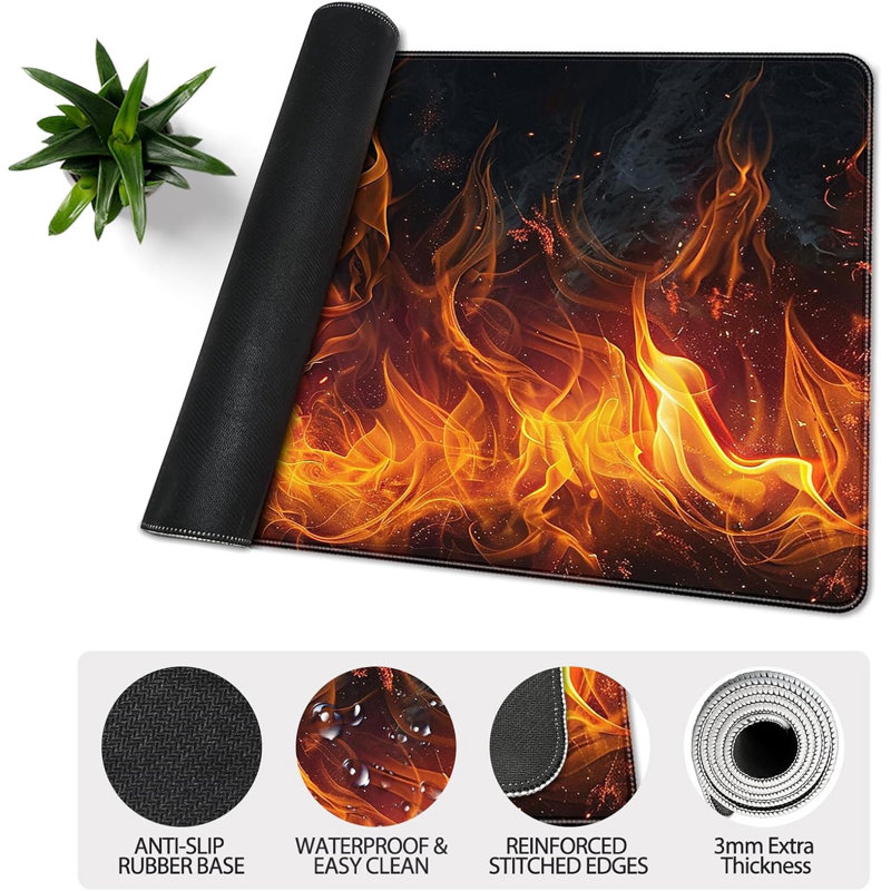 Tapis de souris de bureau 40 x 90 cm (15,75 x 35,43 pouces), grand format avec bords cousus, motif de flamme sur fond noir, idéal pour le gaming.
