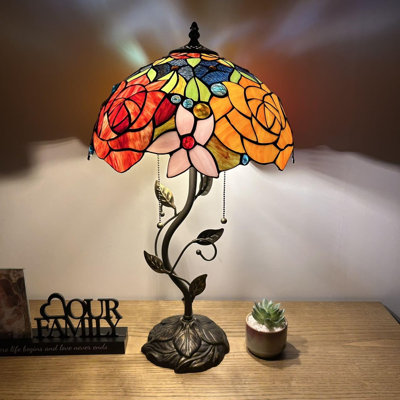 Haydee Tiffany Table Lamp Red Orange Stained Glass Rose Flowers Iron Metal Leaves LED Bulbs 14"W*14"D*24"H