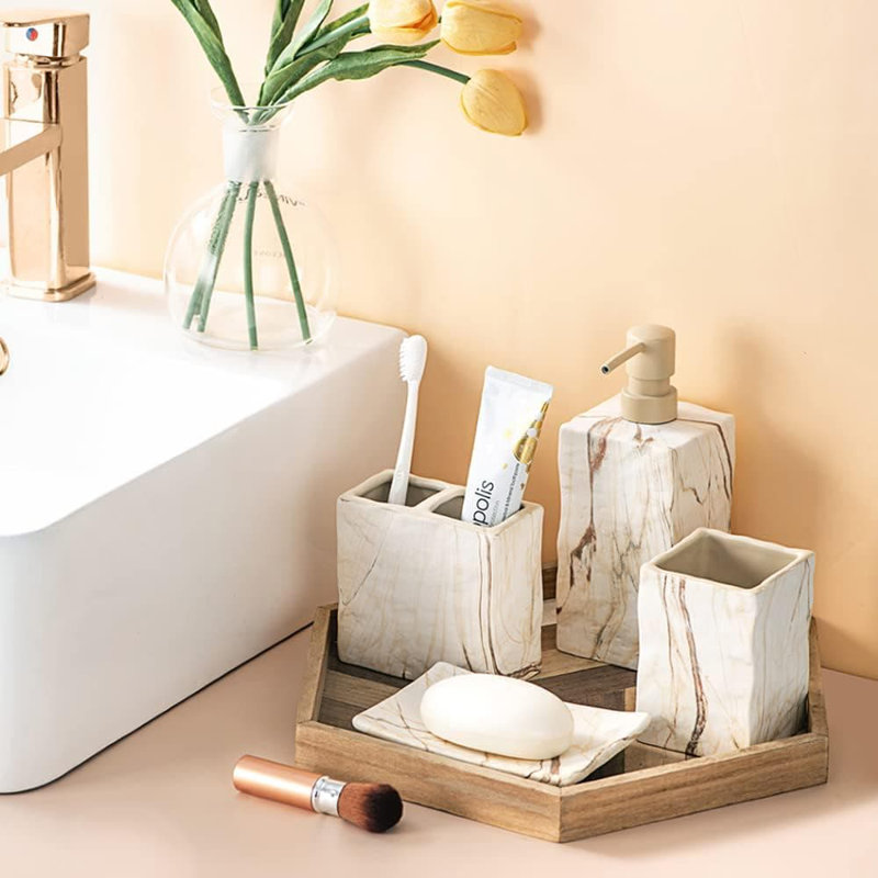 Marble Brown Ceramic Bathroom Accessory Set (4-Piece Retro) - Soap Dispenser & Toothbrush Holder