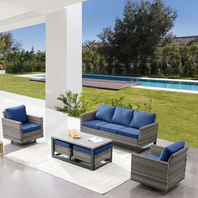 Wicker 5 - Person Patio Conversation Set with Cushions, Blue