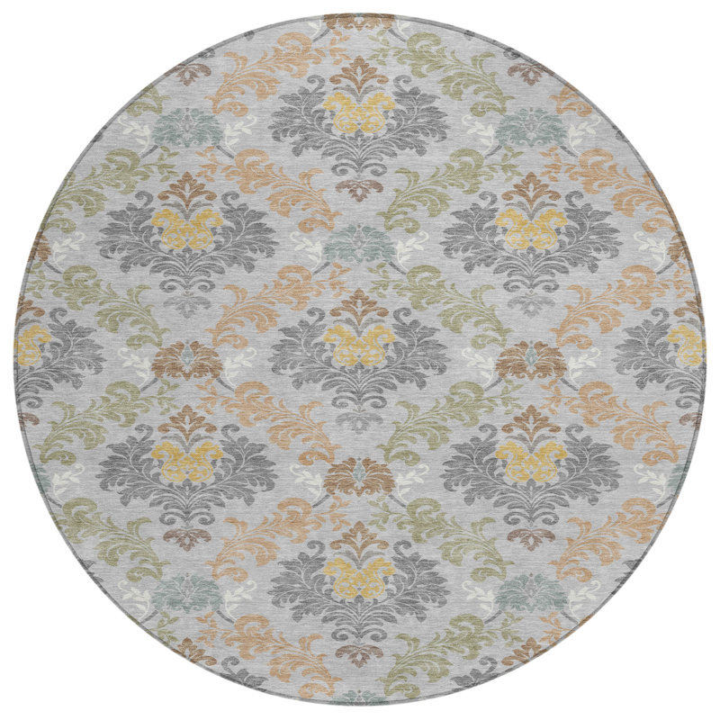 Machine Washable Indoor/Outdoor Chantille ACN2544 Damask Rug, Silver, Round 8'