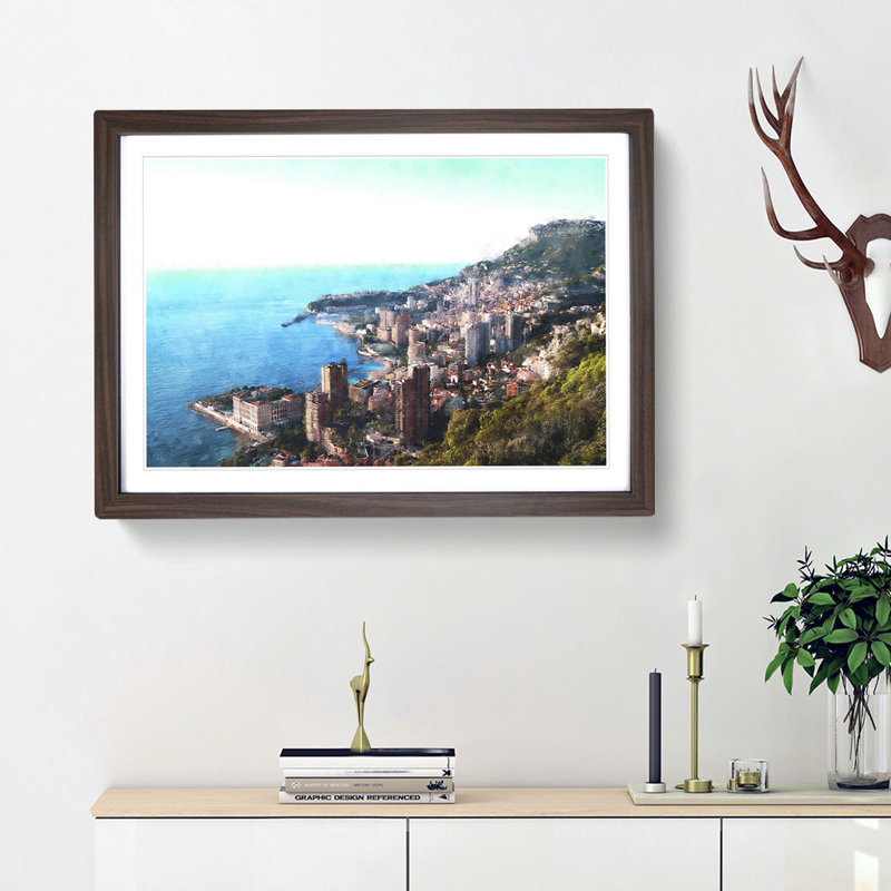 Skyline Of Monte Carlo In Monaco - Single Picture Frame Painting on MDF, 33cm H x 45cm W x 2cm D, Walnut Framed