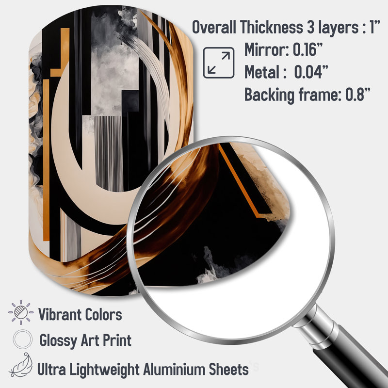 «Shyloe Gold Touch Art Deco I», impressions abstraites asymétriques sur métal, cylindre noir, art mural en métal