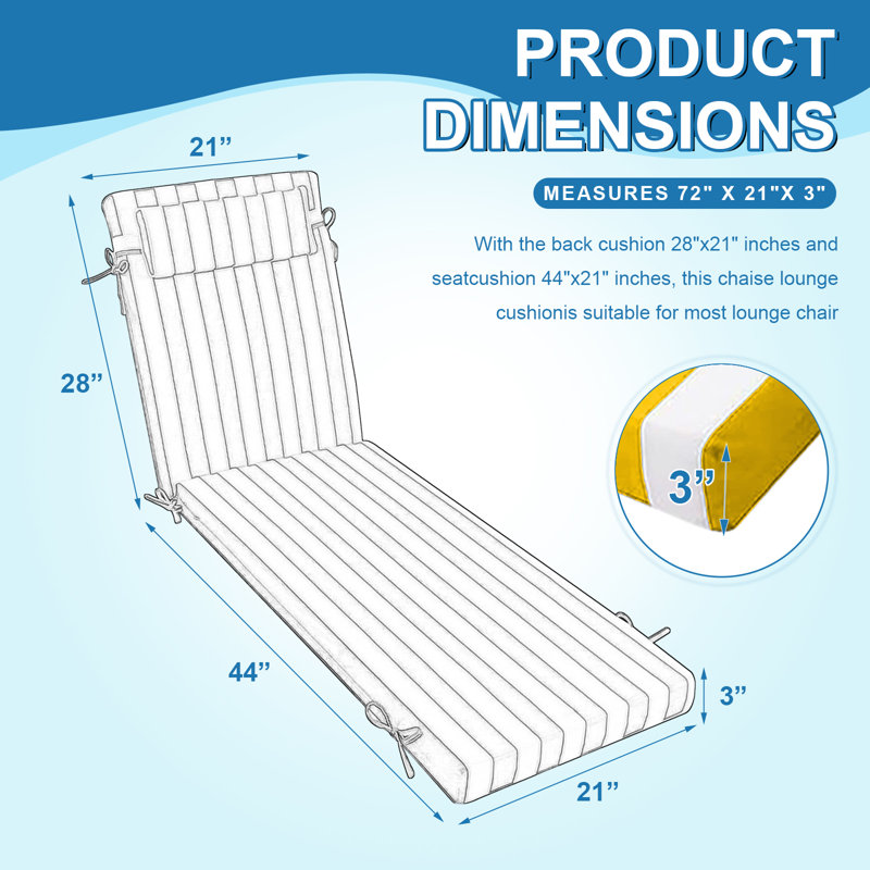 2ps 3-inch Thick Outdoor Lounge Chair Cushion-waterproof And Colorfast, Suitable For Most 72-inch Pool Balcony Chairs., 72" W