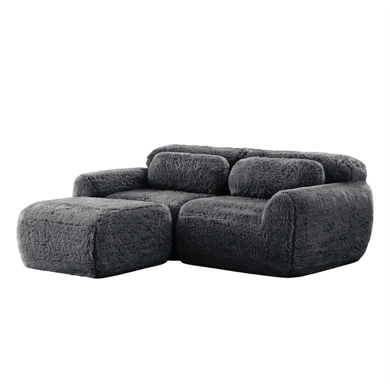 80.3" L-Shaped 2-Seater Sofa with Ottoman, Dark Gray Fabric