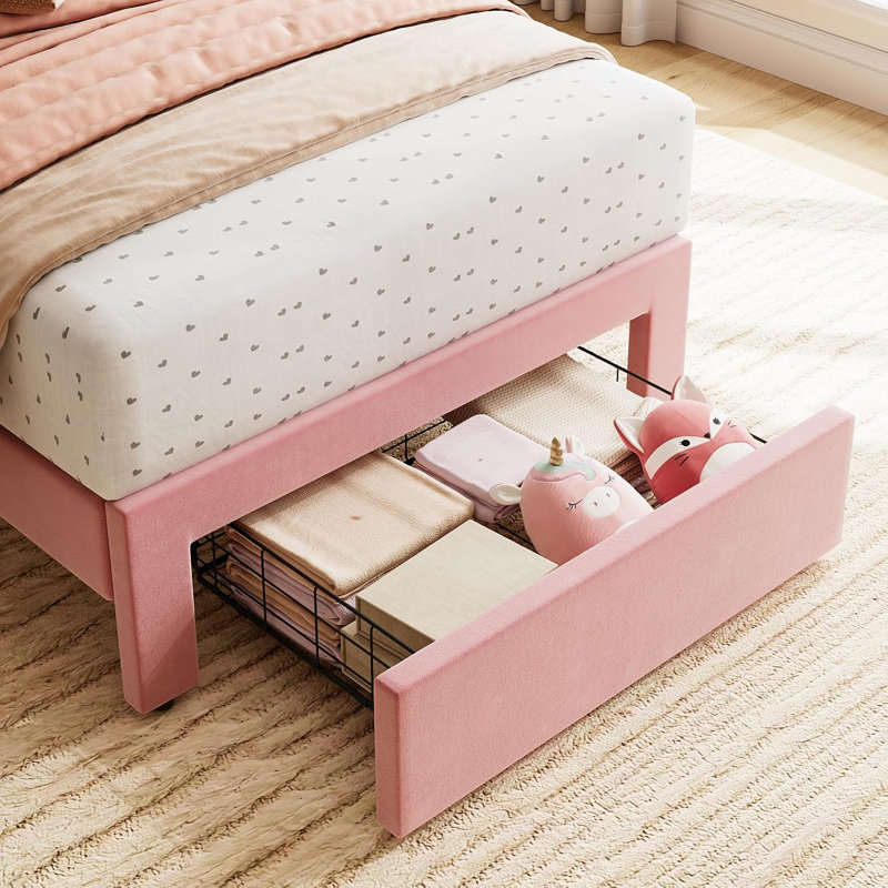 Twin Bed Frame with Storage Drawer and Headboard, Velvet Upholstered Twin Platform Bed Frame Strong Wooden Slats Support, Noise-Free, Easy Assembly